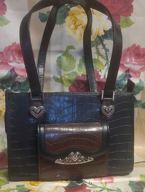 Two-Tone Black and Brown Croc-Embossed Shoulder Bag with Silver Heart Accents